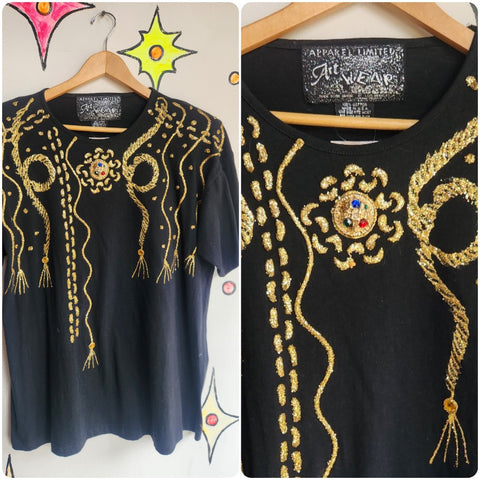 Vintage 1980s | Black Embellished Punk Goth Bedazzled T Shirt | Size L