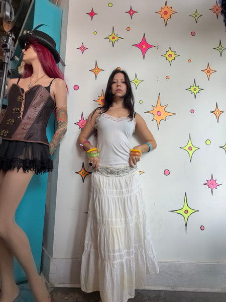 Y2K White Beaded Boho Midi Skirt Fairy Grunge Western Cowgirl Tiered L