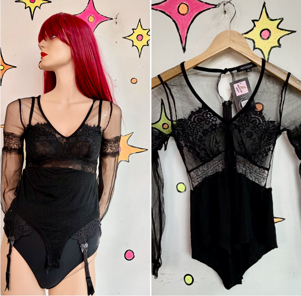 Vintage Gothic Black Lace Bodysuit Sheer Viscose Goth Grunge Lingerie Top S