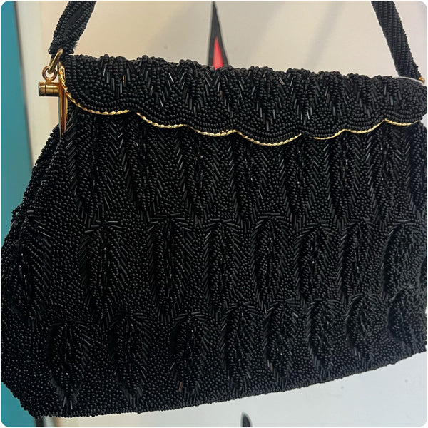 Vintage 1950s Fully Beaded Goth Glam Old Hollywood Purse Black Gold Bag Handbag