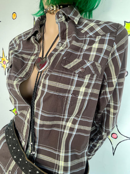 Western Pearl Snap Brown Plaid Shirt Grunge Fitted Button Up Top L