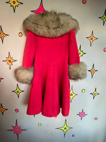 Vintage 60s Lilli Ann Pink Fur Trim Old Hollywood Glam Princess Swing Coat S