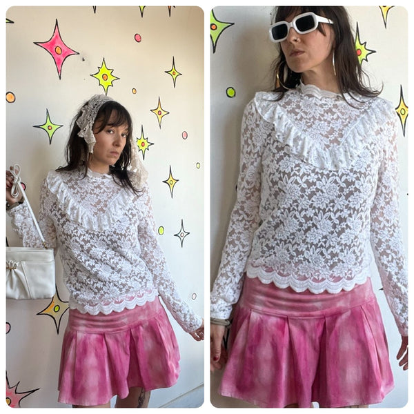 Vintage White Lace Ruffle Top Victorian Revival Rococo Coquette Fairy Grunge L