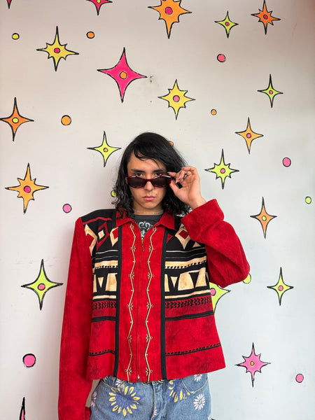 Red Western Blazer 80s Cowboycore Folk Art Jacket Office Siren Glam Statement L