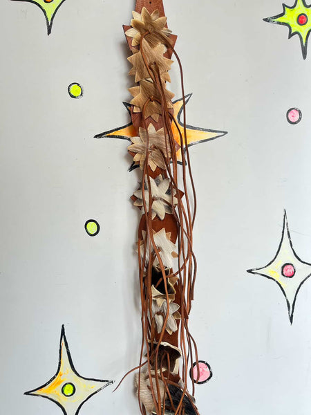 Vintage Brown Leather & Cowhide Fringe Belt w Star Patches Western Boho Grunge