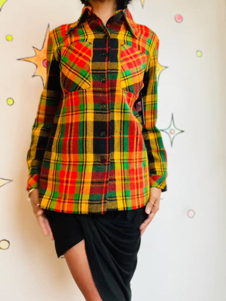 50s 60s Wool Flannel Jacket Colorful Red Green Yellow Clowncore Boho Grunge - M