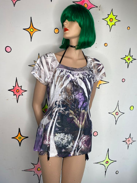 Y2K Purple Fairy Grunge Tattoo Print Top McBling Vintage Suzie Aesthetic M
