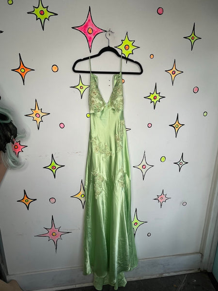 Y2K Pastel Green Satin Beaded Formal Gown Niki Livas Fairycore Prom S
