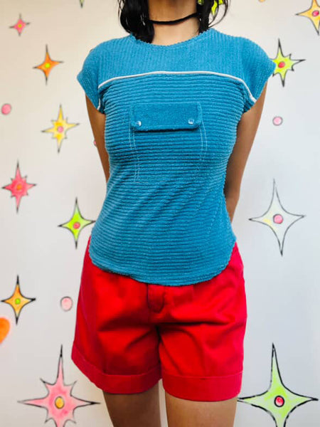 Vintage 70s 80s Blue Retro Ribbed Terrycloth Top – Soft Cozy Knit XS
