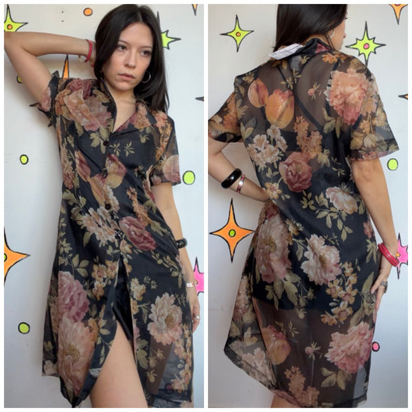 90s Vintage Black Floral Sheer Mini Dress Whimsigoth Fairy Grunge | M