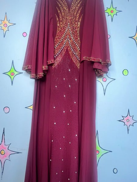 Vintage Burgundy Glam Disco Goddess Maxi Dress Flowy Statement Sleeves L/XL