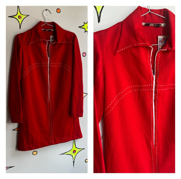 Vintage 60s 70s | Groovy Red Big Collar Mod Disco Zip Up Mini Dress | L XL