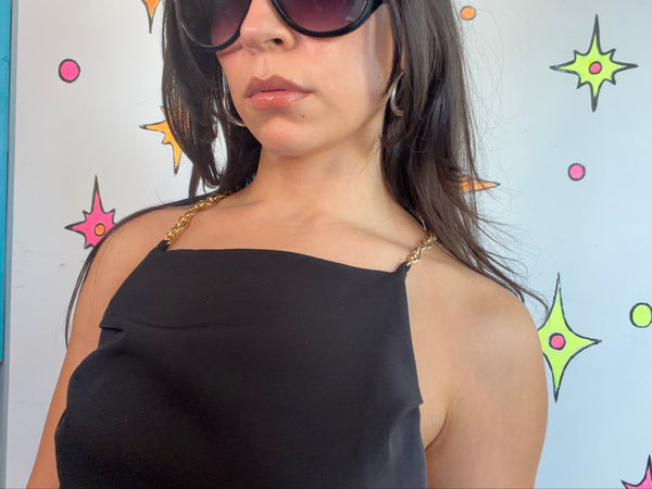 Archival Y2K Zara Black Indie Sleaze Party Halter Top w/ Gold Chain Straps XS