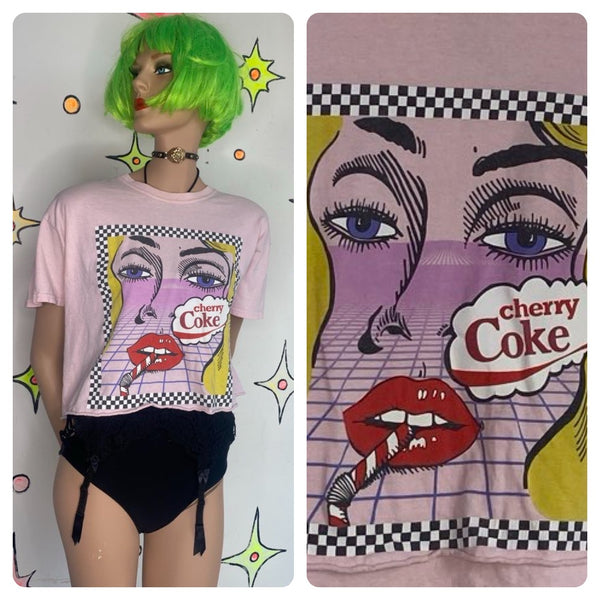Pink Cherry Coke Crop Top Y2K Pop Art Graphic Tee Retro Coca Cola Shirt L
