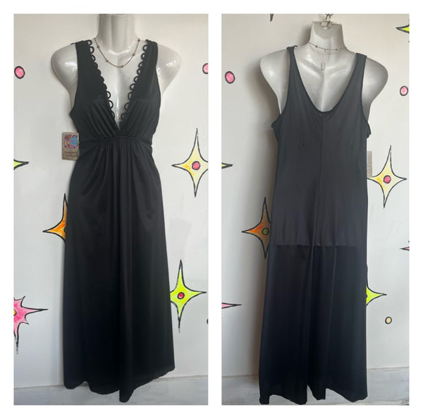 Vintage 60s 70s | Black Lingerie Pin Up Full Length Dress Nighty Slip | S