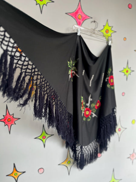 Witchy Black Western Boho Piano Shawl Scarf ' Fringe Red Floral Embroidery