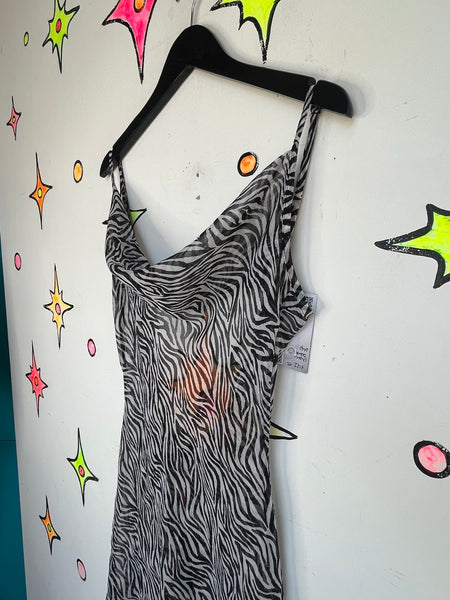 Y2K Zebra Print Sheer Slip Dress | Indie Sleaze Glam Boho Mini Dress SM
