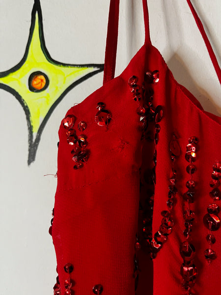 Vintage Red Fringe Flapper Christmas New Year Holiday Party Dress Sequin Glam XS