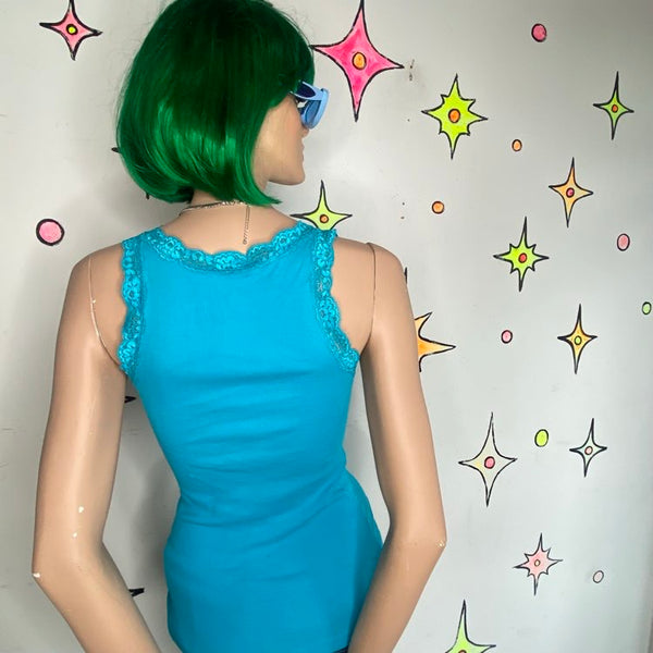 Vintage Y2K Teal Lace Trim Fairy Grunge Cami Faded Glory Layering Tank Top - S