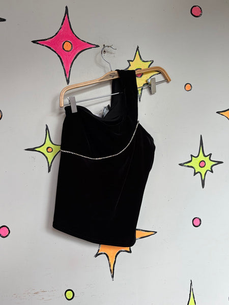 Vintage 90s Black Velvet One Shoulder Top | Goth Grunge Asymmetrical Party Top S