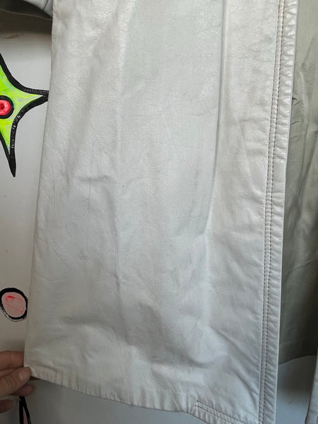 Vintage 70s White Leather Trench Coat Fur Collar Penny Lane Rockstar L