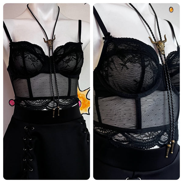 90s Black Lace Cropped Cami - Lingerie Babydoll Bustier Top - Grunge Goth - S