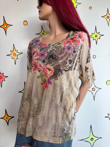 Vintage Y2K Affliction-Style Boho Grunge Fairy Tattoo Tee Embellished McBling XL