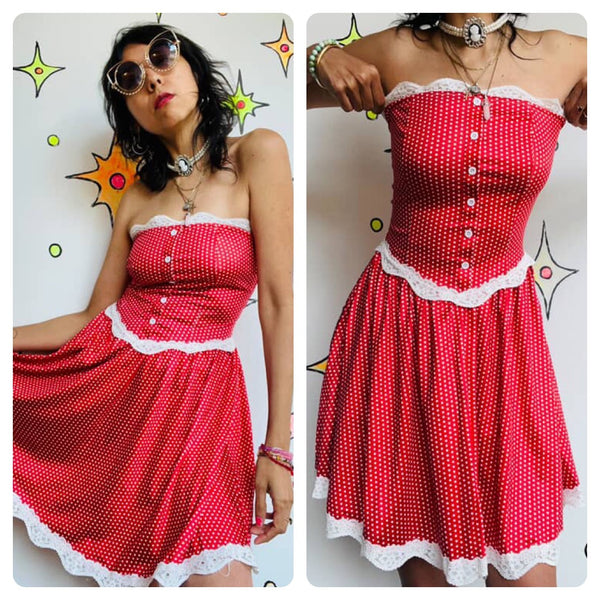 Vintage 90s Y2K | Cherry Red Polka Dot Clown Babydoll Grunge Mini Dress | Small