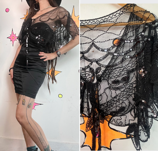 Black Beaded Capelet | Art Deco Flapper Gatsby Evening Shrug Goth Glam