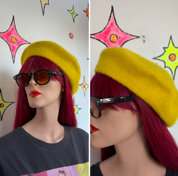Bright Yellow Wool-Blend Beret Kawaii Whimsigoth Fairy Grunge Hat Accessory