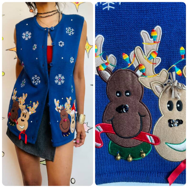 Vintage 90s Embellished Ugly Christmas Sweater Vest Blue Reindeer Snowflake | M
