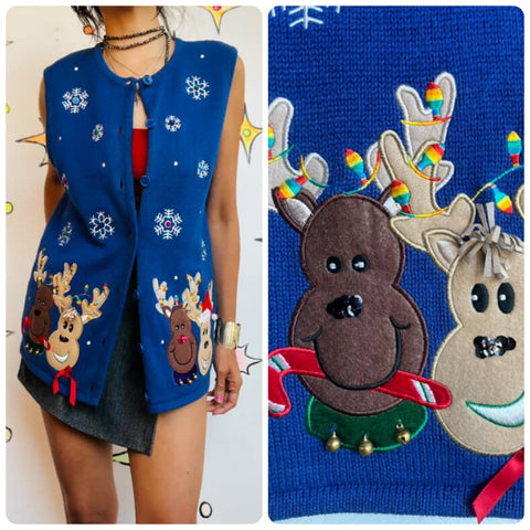 Vintage 90s Embellished Ugly Christmas Sweater Vest Blue Reindeer Snowflake | M