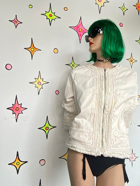 Y2K White Sparkly Military Jacket Silver Metallic Glam Chicos Boho Grunge L