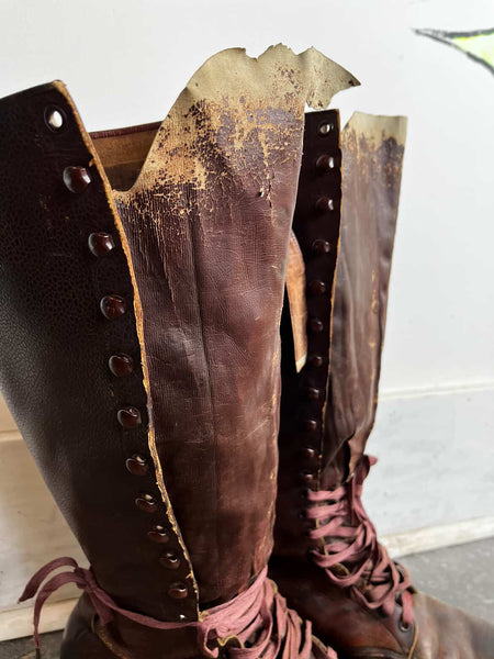 Original WWI Era U.S. Officer's Tall Leather Boots - Vintage Brown Knee-High Men's 12