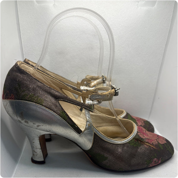 Antique 1920s Art Deco Floral Brocade Silver Lamé & Leather Mary Jane Heels – 6