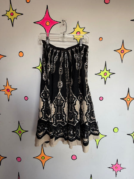 Vintage Cotton Whimsy Goth Circle Skirt Beaded Twirl Skirt Boho Fairy Grunge M