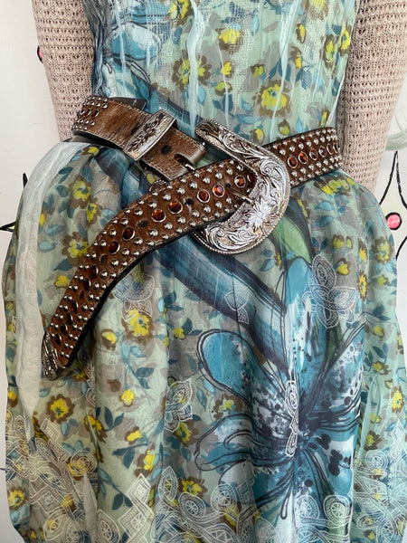 Y2K Rhinestone Belt Cowhide Leather Western Bling Cowgirl Glam Statement Belt