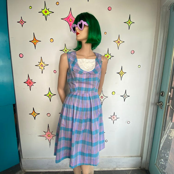Vintage 50s Pastel Plaid Midi Dress Handmade Cotton Rockabilly Pin Up - Small