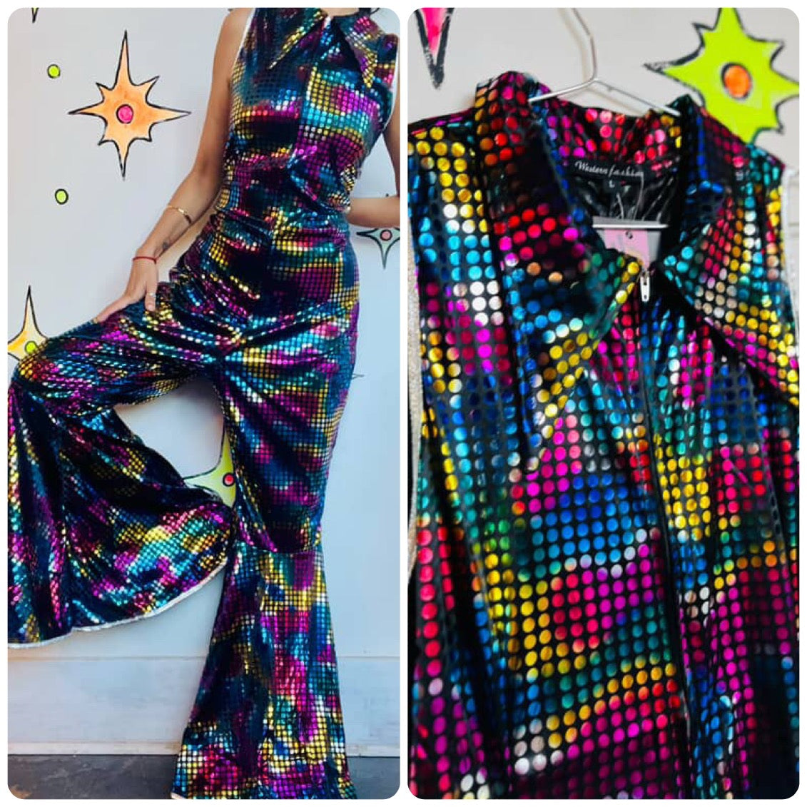 Unisex Rainbow Metallic Disco Big Collar Bellbottom Jumpsuit - Clown Costume - L