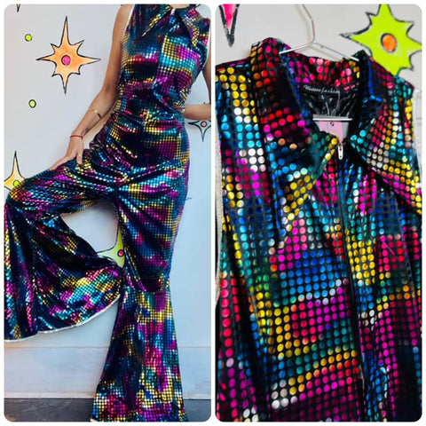 Unisex Rainbow Metallic Disco Big Collar Bellbottom Jumpsuit - Clown Costume - L