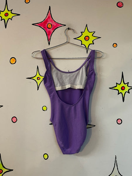 80s 90s Pastel Purple Swimsuit Ribbed One Piece Vintage Retro Swim or Bodysuit S