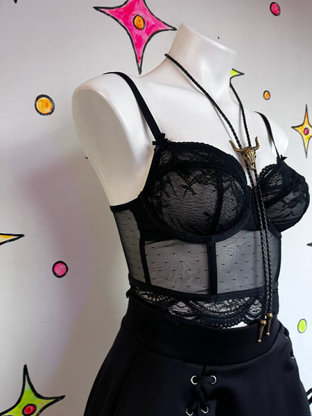 90s Black Lace Cropped Cami - Lingerie Babydoll Bustier Top - Grunge Goth - S