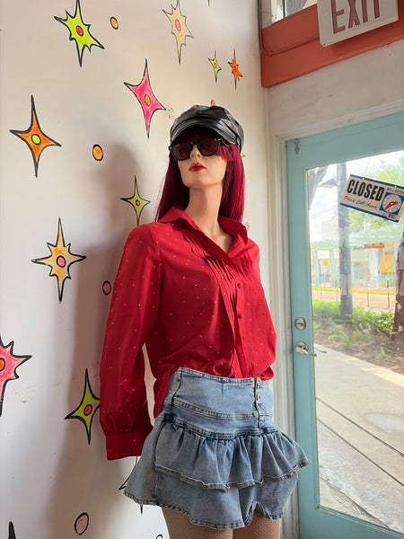 Cherry Red Retro Secretary Blouse Rainbow Polka Dots Pride Academia Kawaii L