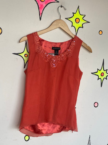Vintage Orange Silk Beaded Top | Y2K Glam Boho Fairy Grunge Fantasy Blouse - S