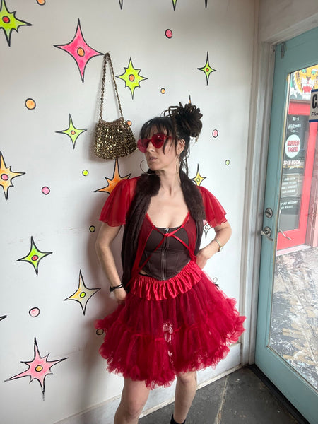 Crimson Red Tulle Tutu Mini Skirt Babydoll Dollcore Retro Pin-Up Separate S