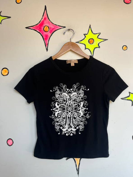 Vintage Y2K | Goth Grunge Fairy Tattoo Print Cross Baby Tee T Shirt | Small