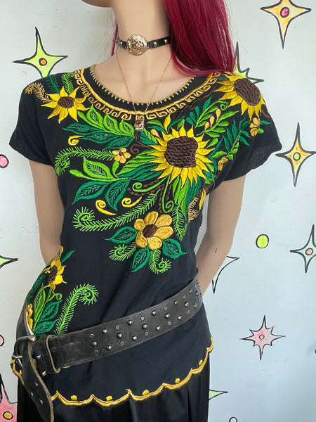 Mexican Embroidered Sunflower Top Black Boho Grunge Whimsigoth L