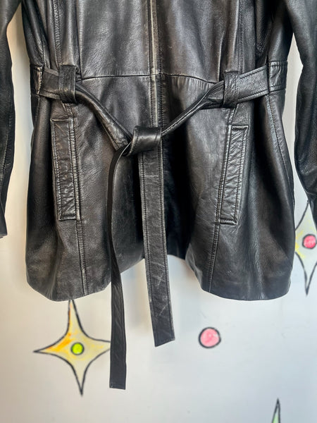 Vintage 90s Thrashed Black Leather Goth Boho Grunge Zip-Up Belted Trench Coat XL