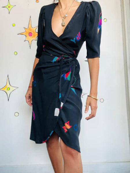 Vintage 1980s Emanuel Ungaro Silk Wrap Dress - Abstract Artwear - LBD - XS/S