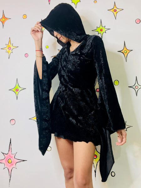 Black Velvet Hooded Goth Mini Dress | Bell Sleeves Witchy Dress | S/M